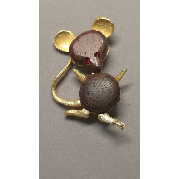 Unknown Jewelry - Vintage 1960's Mouse Brooch Gold Tone Wood Accents Red Rhinestone Eyes Adorable